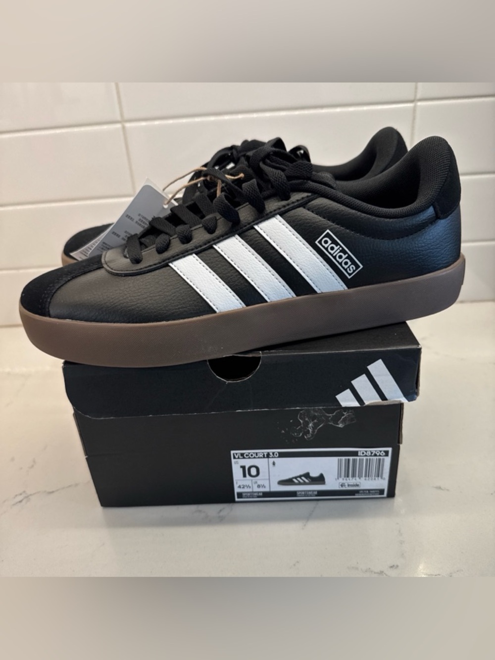 NEW Adidas VL Court 3.0 Black Leather Sneakers w/ White Stripes Brown Gum Sole